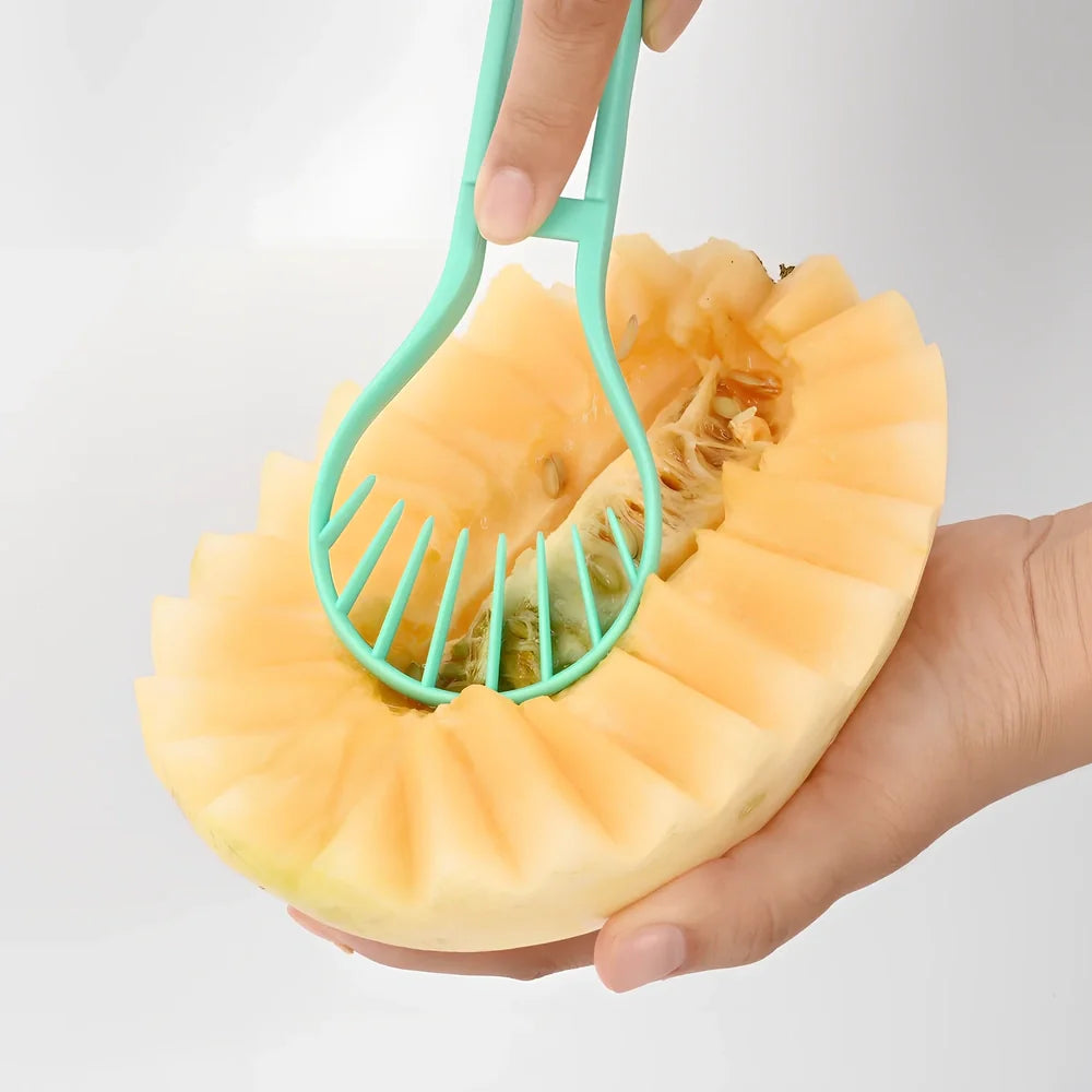 Stackable fruit tool set showing melon baller, V-shaped carver, and dual scoops in 24cm compact design