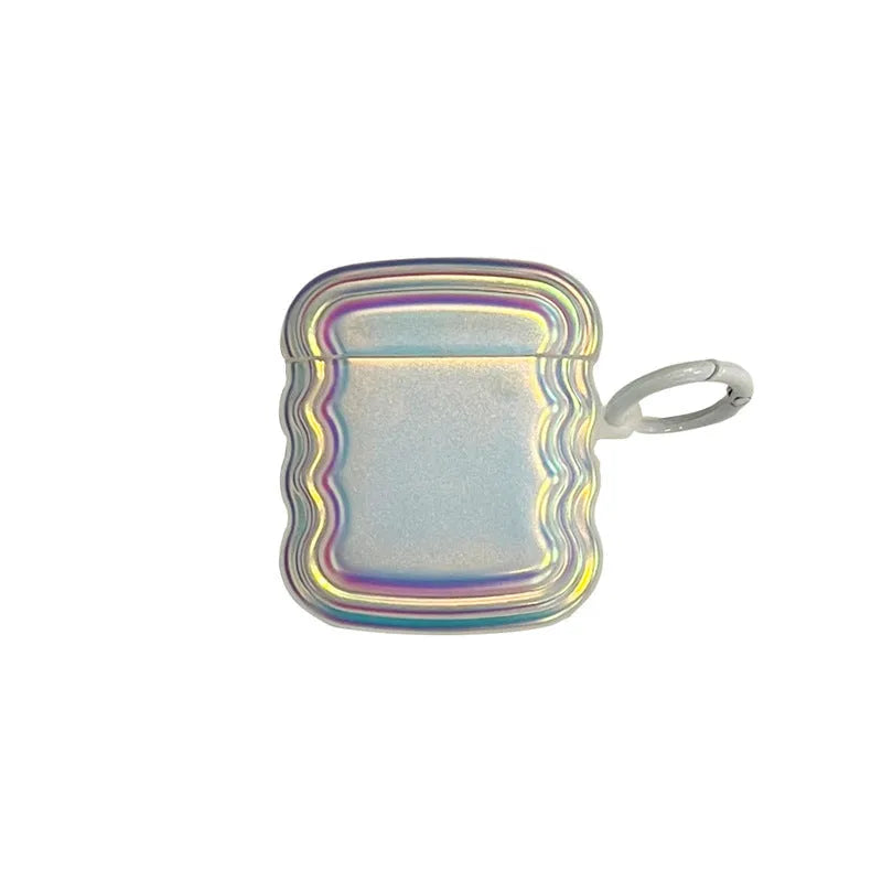 Colourful magic laser ring silicone protective case for Apple AirPods on a white background.