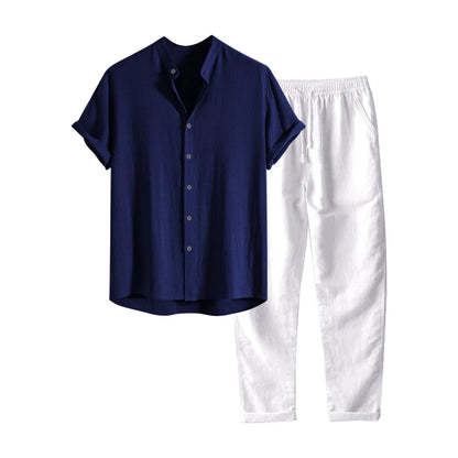 Men's casual loose fit short sleeve shirt and trousers suit in linen-look polyester fabric, available in multiple colours