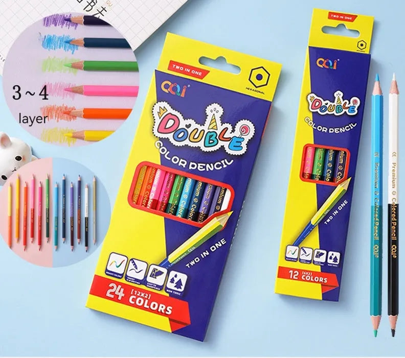 Wooden double-ended colouring pencils set in 12 or 6 piece configurations for student art