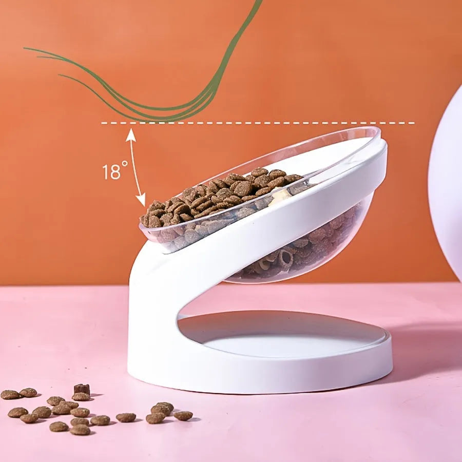White elevated cat food bowl with tilt angle and neck support ridge