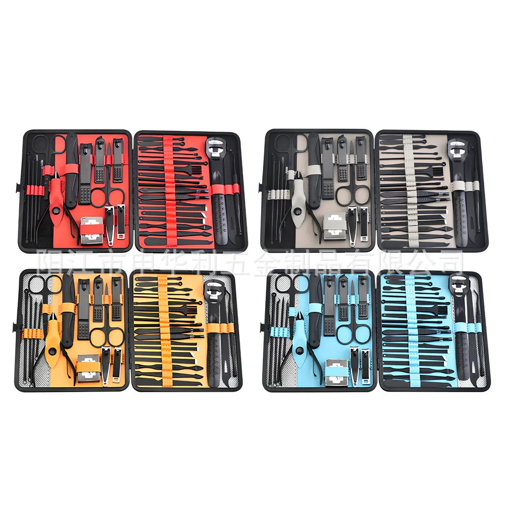 Beauty and manicure nail care kit with stainless steel tools in PU leather case showing multiple grooming implements