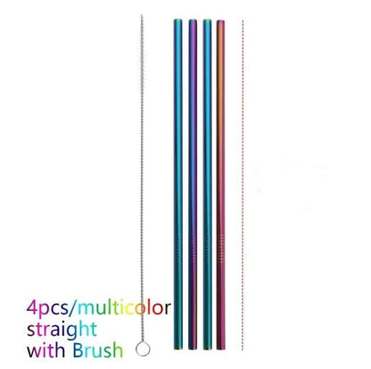 Colourful reusable stainless steel drinking straws with cleaning brush, perfect for eco-friendly sipping.