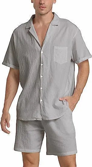 Men's flax summer sports short-sleeved top and shorts suit in army green colour