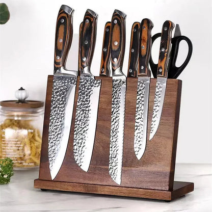Solid wood magnetic knife holder in wood colour for kitchen storage.