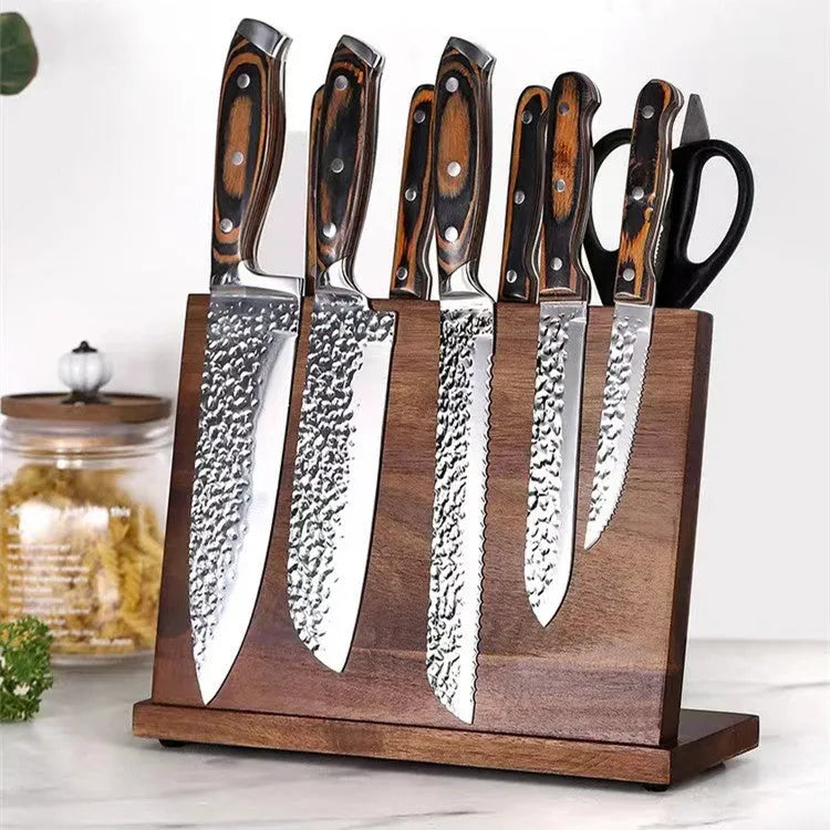 Magnetic knife holder in solid wood, a multifunctional kitchen storage solution for creative organisation, measuring approximately 30-35 cm, featuring a simple and fashionable wood colour style for convenient knife access.