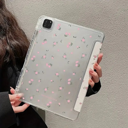 Transparent floral print hard case for iPad with tri-fold magnetic front cover acting as a kickstand.