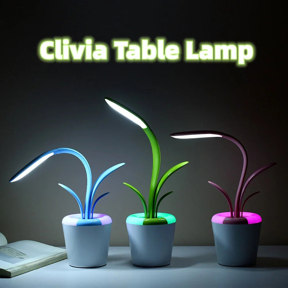A stylish, plant-inspired LED desk lamp with three brightness levels and a rechargeable battery for cordless convenience