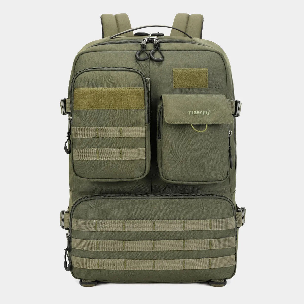 Army green tactical backpack with 17-inch frame and multiple compartments for outdoor use.