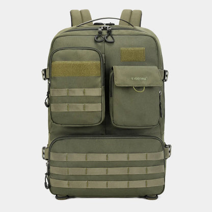 Army green tactical backpack with 17-inch frame and multiple compartments for outdoor use.
