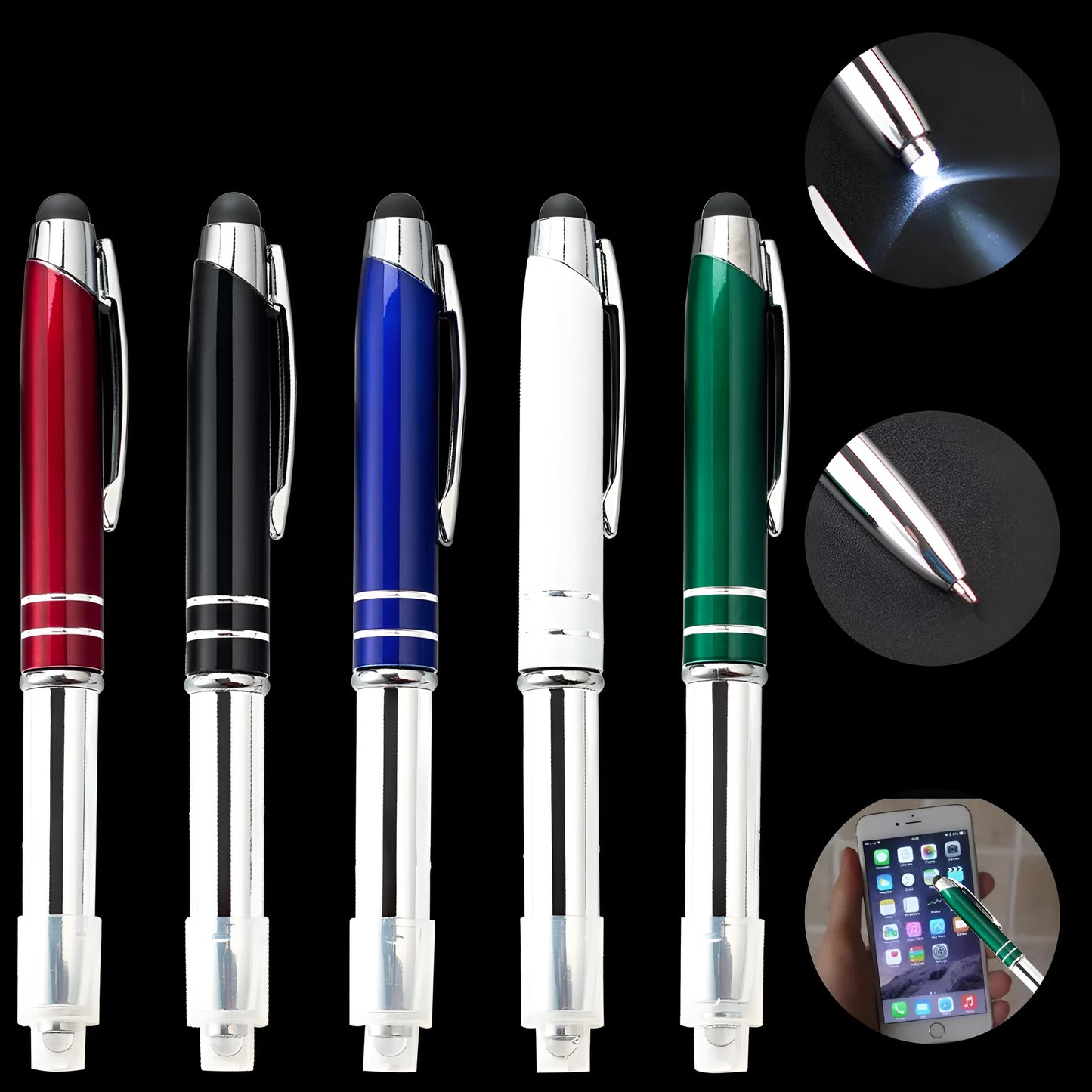 Red metal multifunctional stylus ballpoint pen with LED light on a desk.