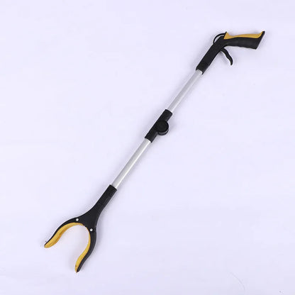 Foldable aluminium garbage clamp with a blue handle, shown extended and with a magnet sucker on the head.
