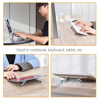 Silver aluminium laptop stand with an adjustable base on a wooden desk.