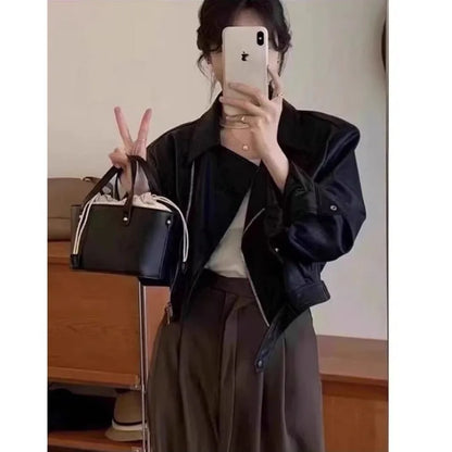 Women's brown retro slim fit leather coat jacket with pocket and regular sleeves