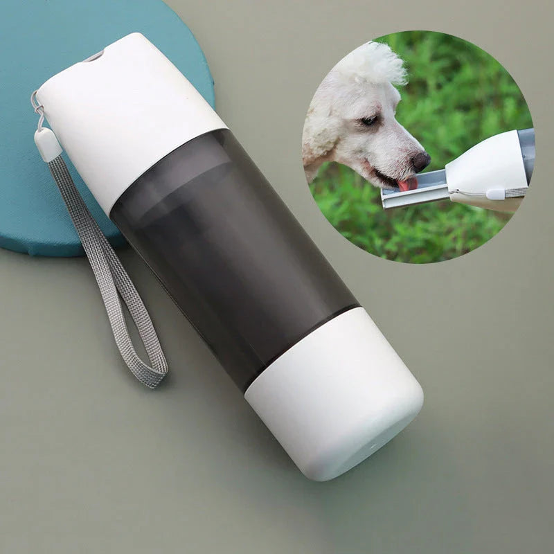 Portable Dog Water Bottle with Segmented Water Cup and Food Container, Leak-Proof Design, and Push-Button Water Dispenser