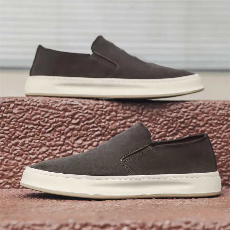 Men's grey and apricot casual shoes with mid heel, round toe, and sleeve-on design