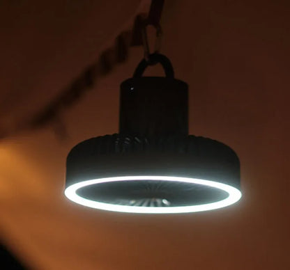 White camping fan mounted on aluminum tripod with Type-C charging cable