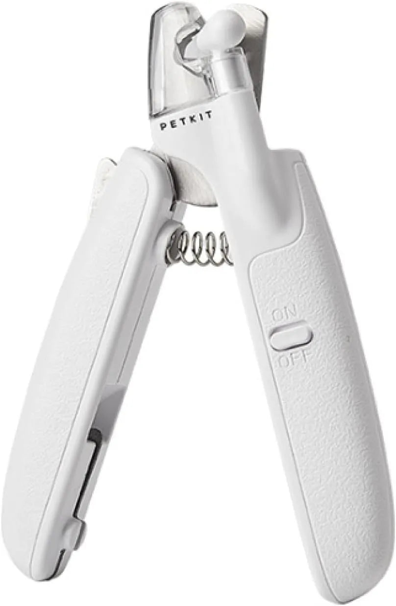 White LED pet nail clippers with a transparent safety guard and a nail file on a grey background.