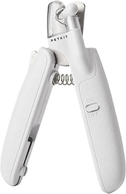 White LED pet nail clippers with a transparent safety guard and a nail file on a grey background.