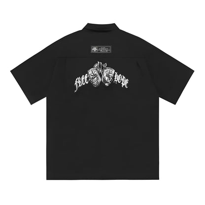 Men's black cotton blend loose fit half sleeve pocket shirt with embroidery