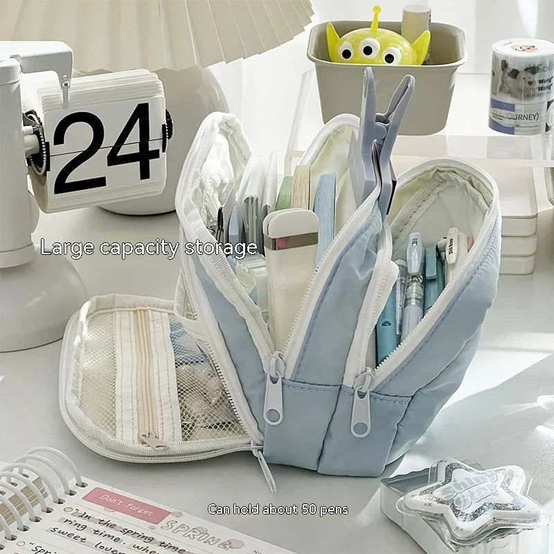 Solid colour double-layer pencil case for high-capacity exam stationery organisation.