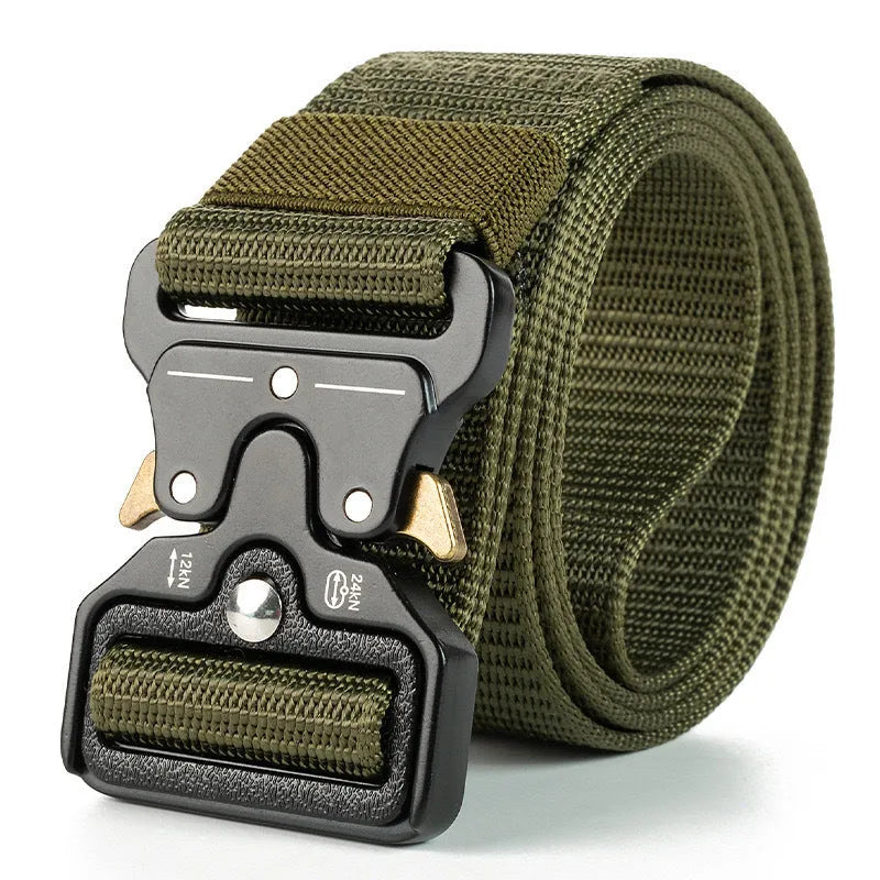 Men's thick canvas tactical belt with an alloy release buckle, shown in multiple colour options.