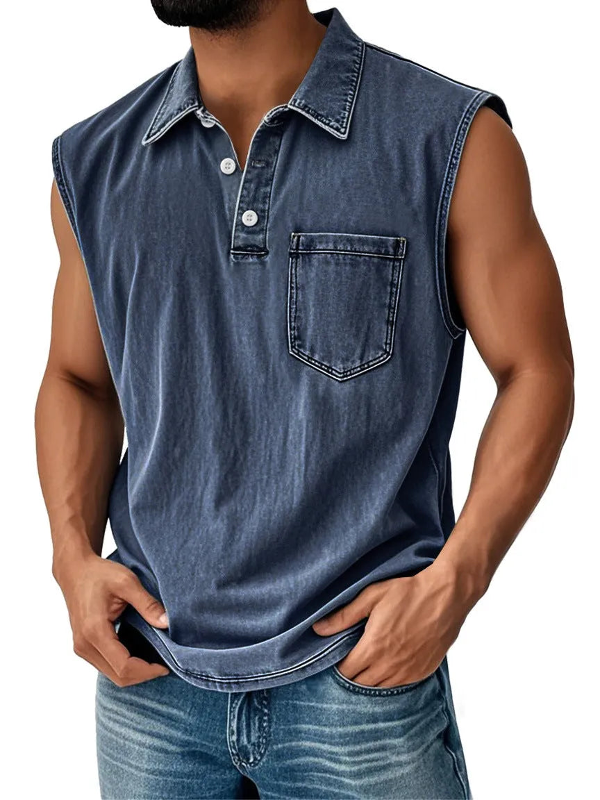 Man wearing a short-sleeve polo shirt with a colourful 3D digital print design on the front.