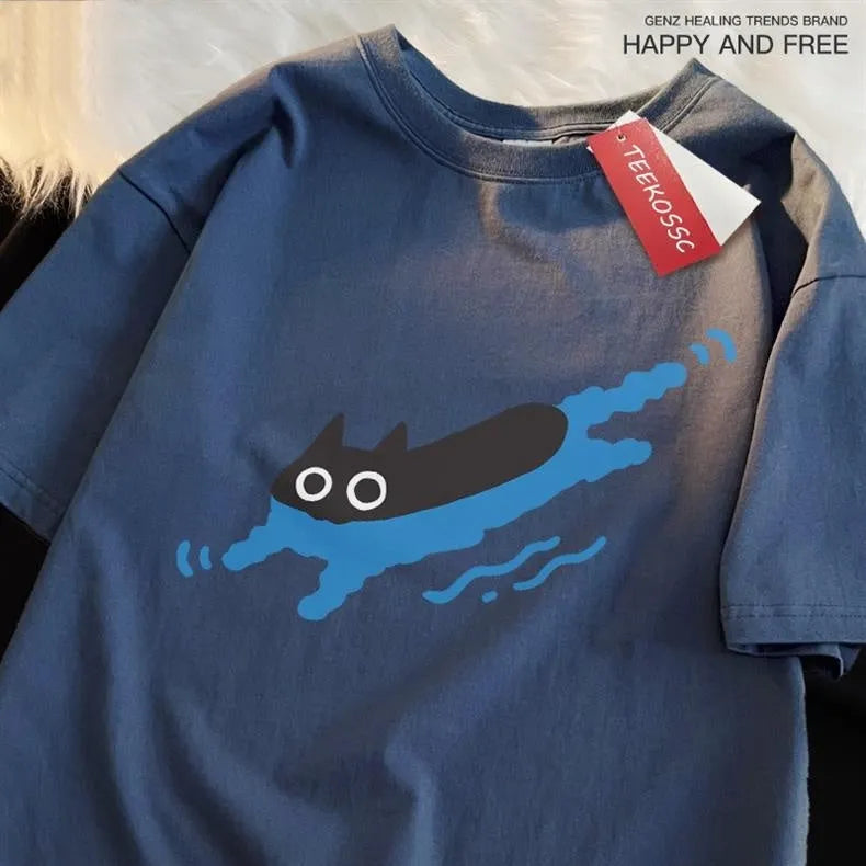 Plus size black cat print cotton t-shirt for diving swimming leisure in multiple colours
