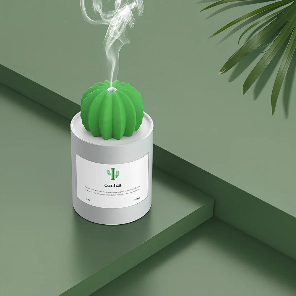 White cactus-shaped ultrasonic humidifier with 280ml tank and soft LED light, USB powered for home aroma diffusion