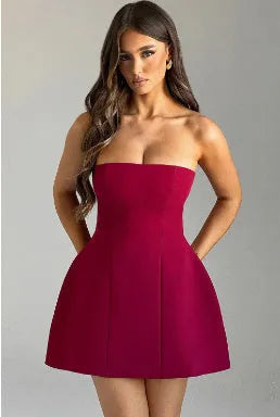 Women's solid colour backless tube dress with high waist A-line skirt
