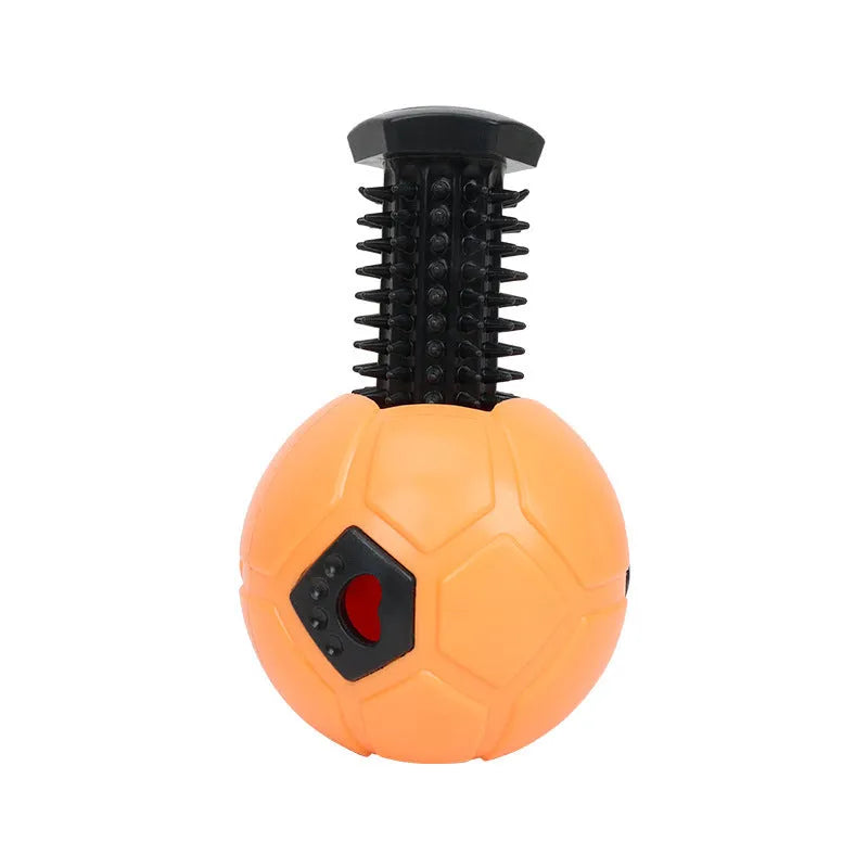 Orange and white TPR rubber dog chew ball toy, shown in hollow and teeth cleaning stick styles.