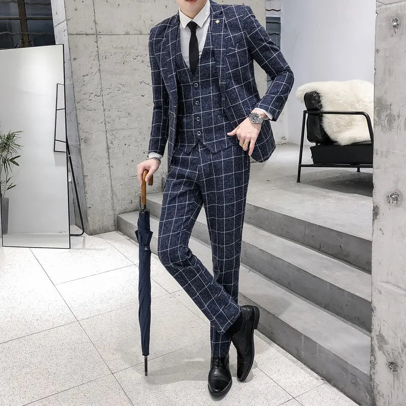 Men's slim fit plaid three-piece suit in chemical fibre viscose blend, available in khaki black dark blue grey