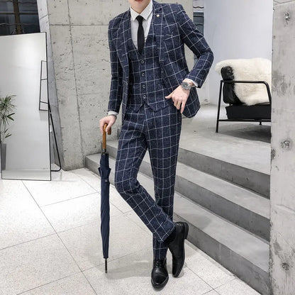 Men's slim fit plaid three-piece suit in chemical fibre viscose blend, available in khaki black dark blue grey