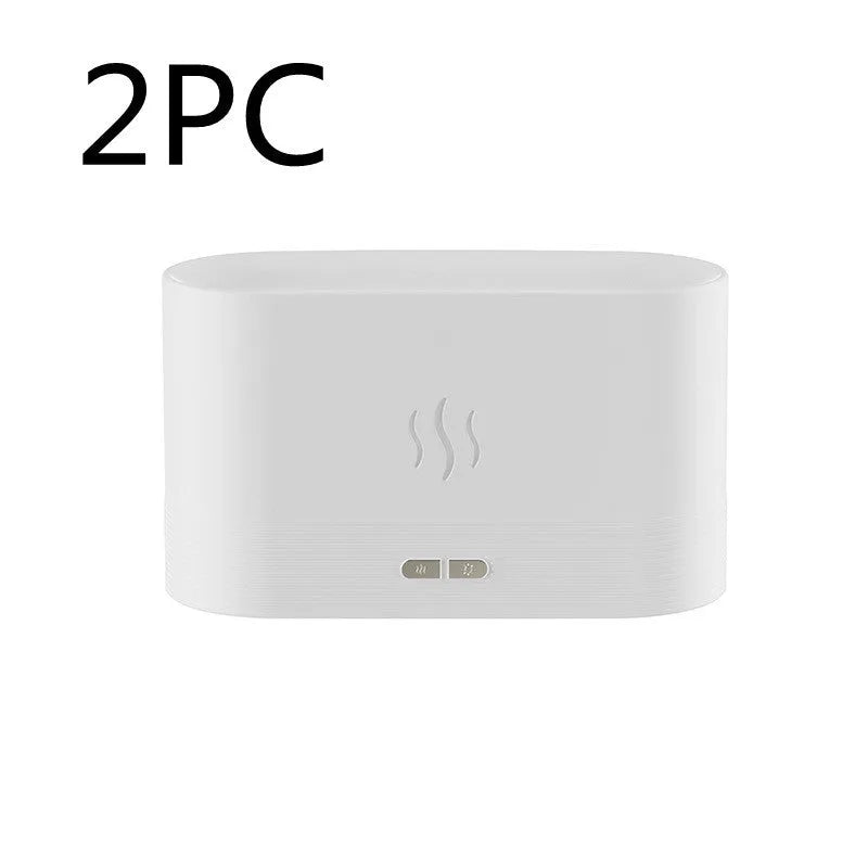 Black square ultrasonic aroma diffuser with flame light effect and mist output.