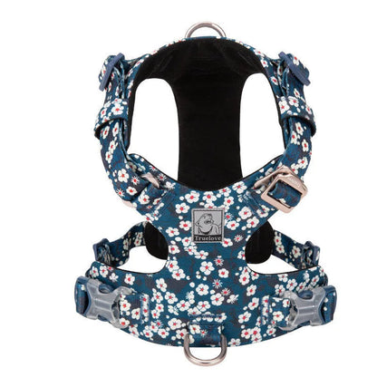 Floral pattern pure cotton pet chest harness strap in red, blue, or green with adjustable sizing