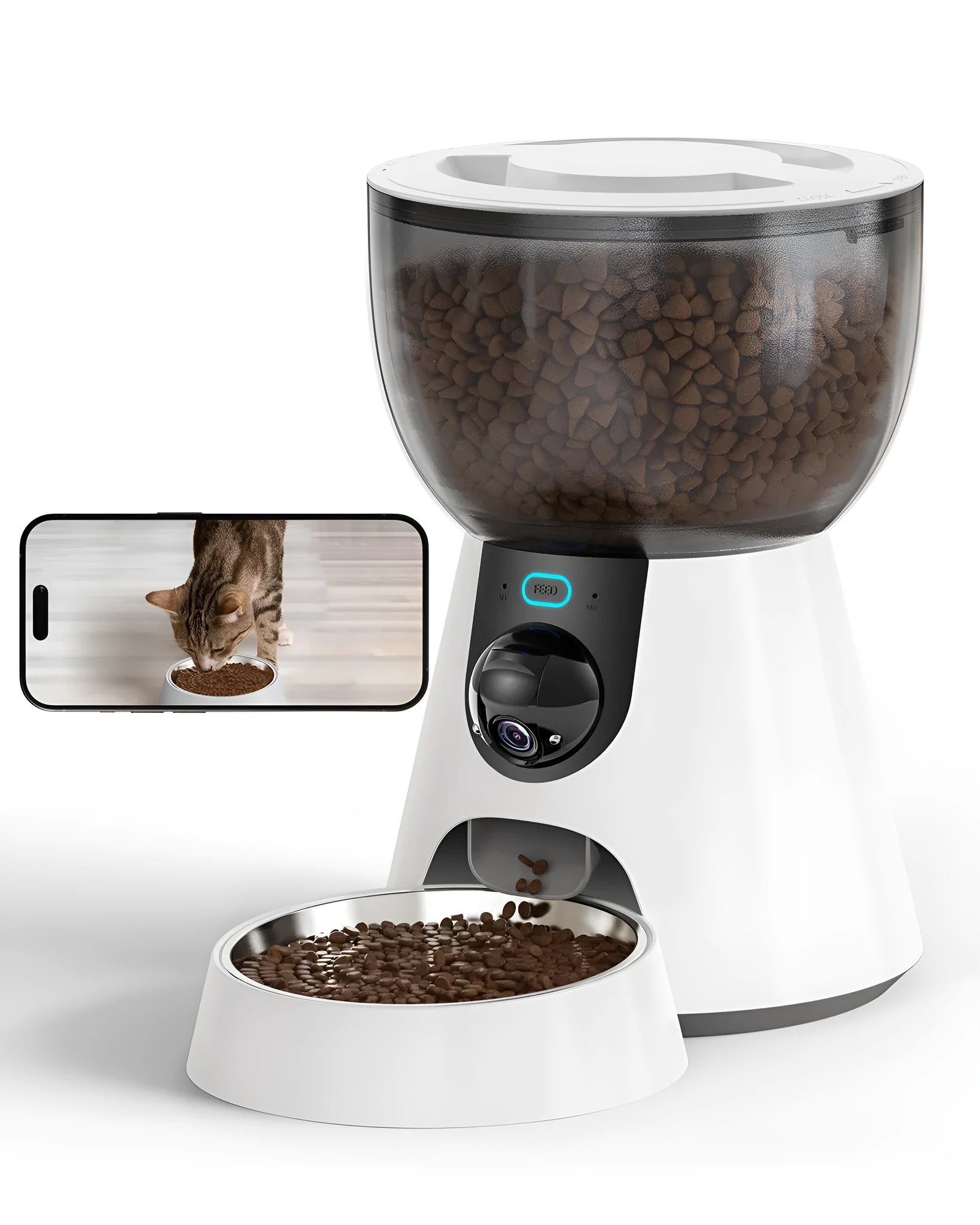 Automatic cat feeder with built-in camera on kitchen floor next to food bowl.