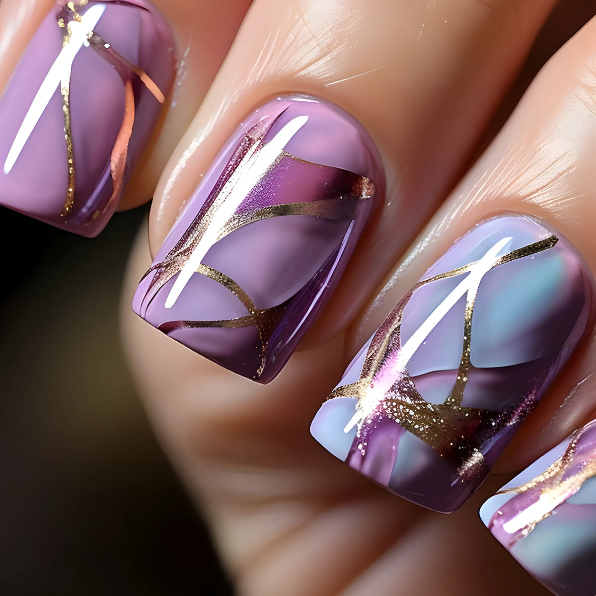 Purple striped nail stickers on clear backing in European and American mid-length decorative style