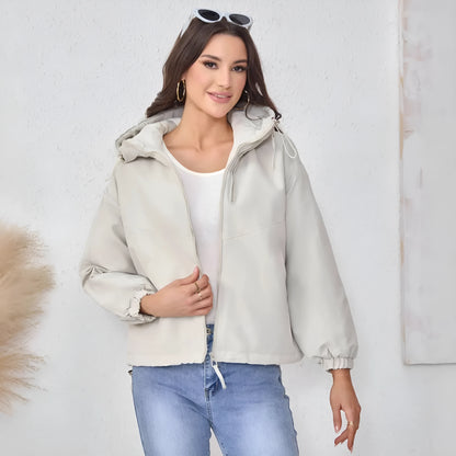 Women's loose-fit hooded shell jacket in black, grey, or purple.