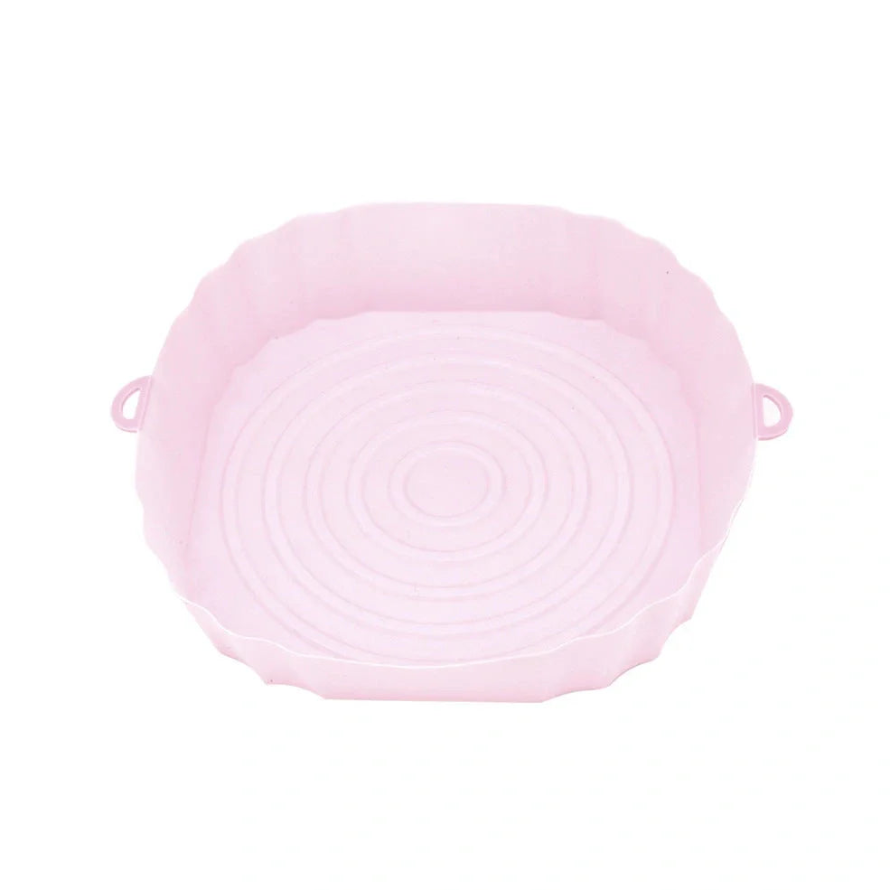 Silicone air fryer baking tray with 4.5cm depth in light grey, pink, brown or green