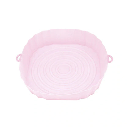 Silicone air fryer baking tray with 4.5cm depth in light grey, pink, brown or green