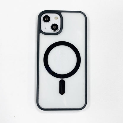 Clear acrylic MagSafe phone case for iPhone showing magnetic ring, displayed in pink, blue, white, black, and navy blue colour options.