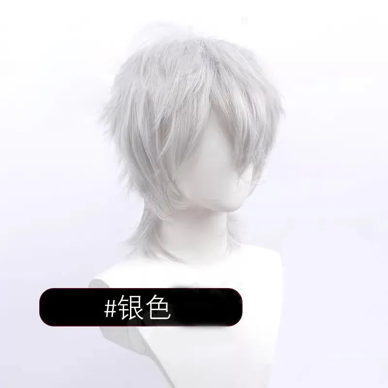Short-length anime cosplay wig in high-temperature fibre on a stand.