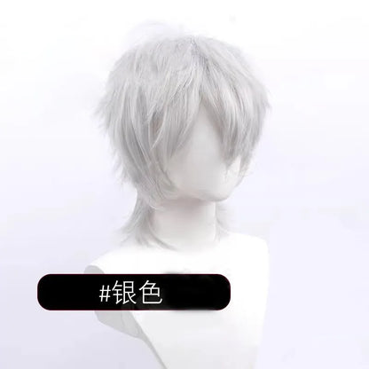Short-length anime cosplay wig in high-temperature fibre on a stand.