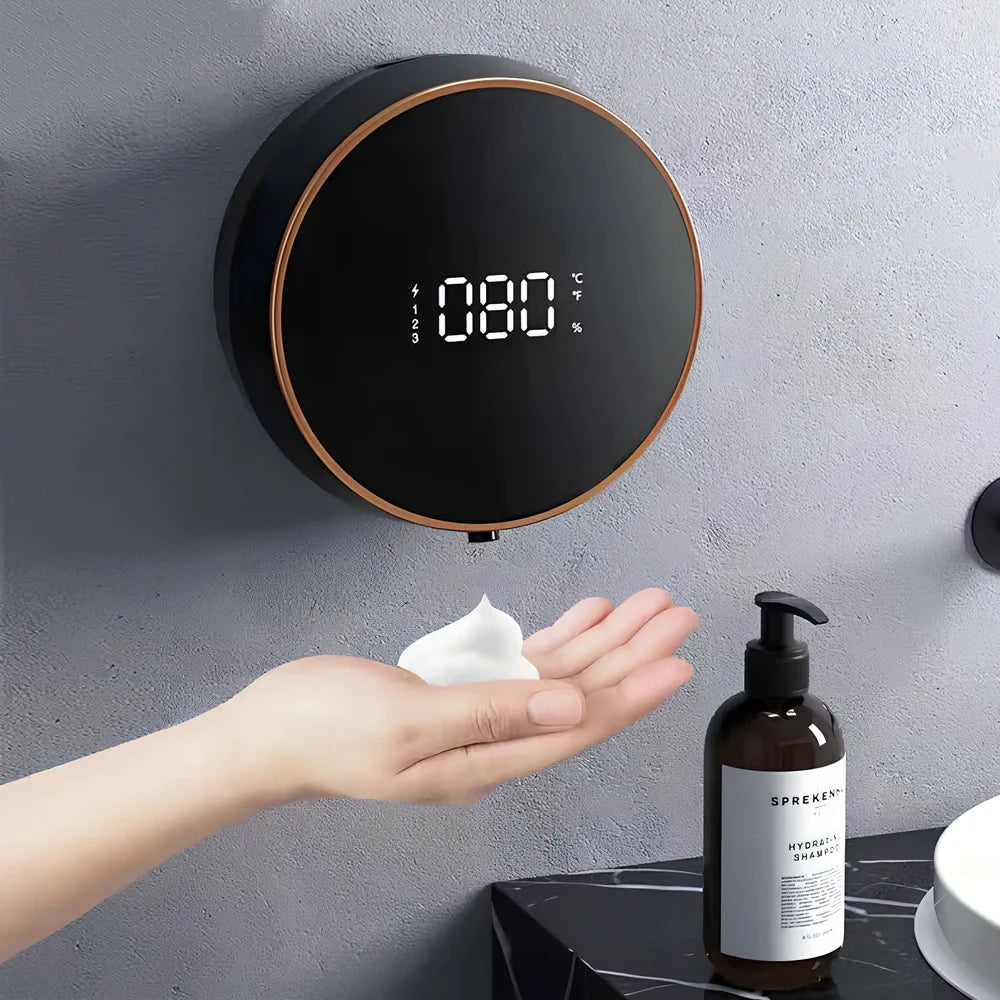 White wall-mounted induction foam soap dispenser with pearl plate finish and touch-free sensor