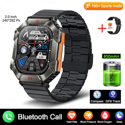 Android GPS smart watch for women with a titanium alloy case shown on a wrist, featuring a resin dial and a black camouflage strap.