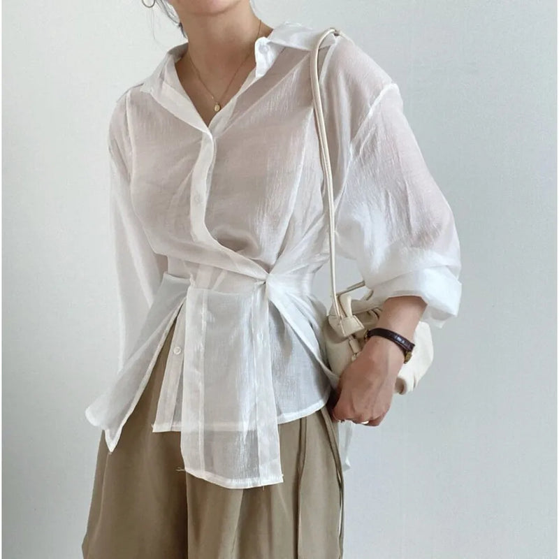 Irregular Buckle Lapel Long Sleeve Shirt Thin Simple Top in Polyester with Smoky Gray or White Colour, S to XL, 50cm Length, Casual and Smart Everyday Wear