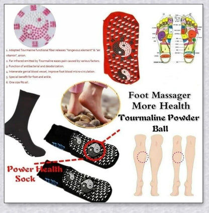 Pair of self-heating massage socks with detailed view of the acupressure-inspired soles