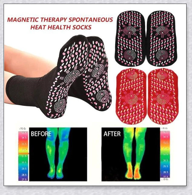Pair of self-heating massage socks with detailed view of the acupressure-inspired soles