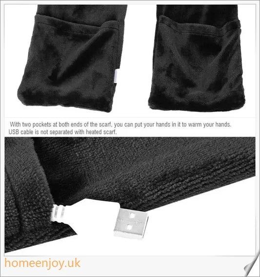 Black fashion warm USB heating scarf made of premium velvet with integrated heating element for cosy comfort during UK winters.