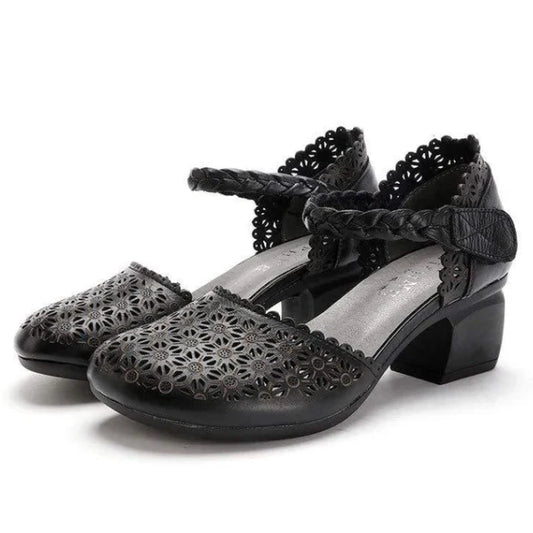 Fashionable ethnic-inspired leather women's shoes with thick heel and hollow toe design